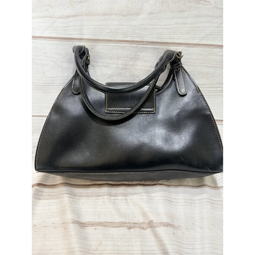 Vintage Y2K Emilie M Black Faux Leather Shoulder Bag Satchel Buckle Studded